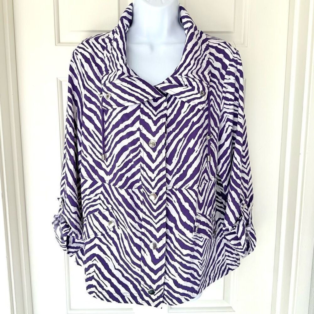 Chicos Zenergy Women’s Neema Jacket Purple Jasper Zhara Zebra Print